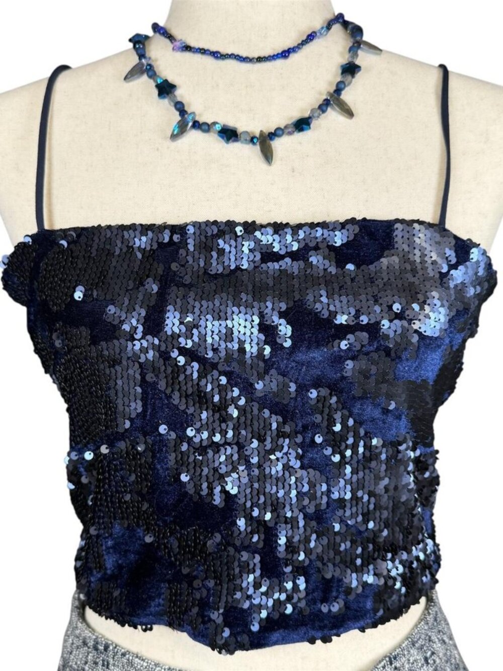 Primark Navy Blue Velvet Sequin Crop Tank Top